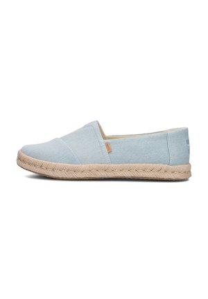 Jasnoniebieskie espadryle na płótnie z plecioną podeszwą z juty, charakteryzujące się prostym designem i przeszyciami wzdłuż górnej krawędzi.