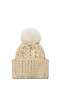 Cappello beanie lavorato a maglia in beige chiaro con un bordo a coste e un grande pom-pom soffice in cima, caratterizzato da un motivo a treccia.
