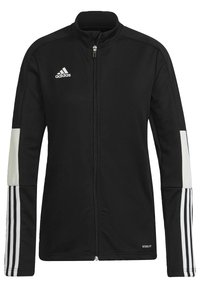 Veste de sport Adidas noire à fermeture éclair avec des bandes blanches sur les manches, un logo blanc sur la poitrine et le texte « AEROREADY » près de l'ourlet.
