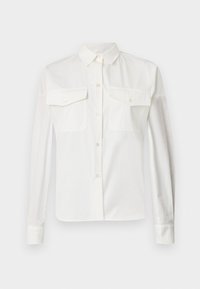 Camicia bianca a maniche lunghe realizzata in tessuto leggero, con colletto button-down, due tasche sul petto e chiusure con bottoni.