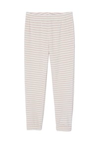Light pink leggings with white vertical stripes, made of soft fabric. Features an elastic waistband and tapered leg design.