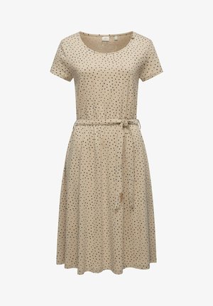 Knee-length, short-sleeved dress in beige with black polka dots, round neckline, and a matching belt at the waist. Soft fabric texture.