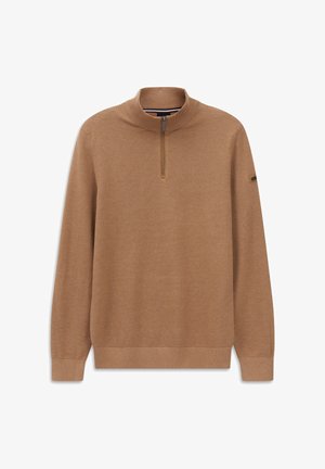 Brauner Strickpullover mit einem Viertel-Reißverschluss-Kragen, strukturiertem Stoff und gerippten Bündchen. Besitzt ein kleines Logo am linken Ärmel.