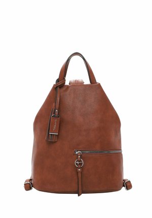Brązowy skórzany plecak z górną rączką, przednią kieszenią na zamek, regulowanymi paskami oraz dołączoną ozdobną zawieszką w postaci frędzla.