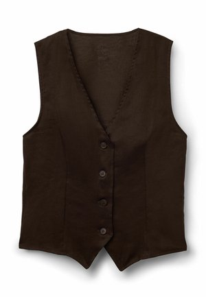 Tmavě hnědá vesta bez rukávů s výstřihem do V a čtyřmi knoflíky vpředu, vyrobená z texturované látky.