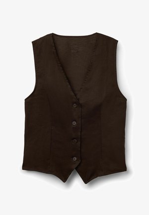Tmavě hnědá vesta bez rukávů s výstřihem do V a čtyřmi knoflíky vpředu, vyrobená z texturované látky.