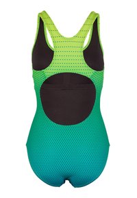 Eénstuk zwemoutfit met een groene gradient en stippenpatronen aan de bovenkant en een effen zwarte achterkant, ontworpen met brede schouderbanden.