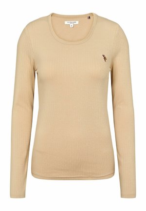 Beige lange mouw geribde shirt met een ronde halslijn en klein geborduurd logo op de borst. Gemaakt van zachte, rekbare stof.