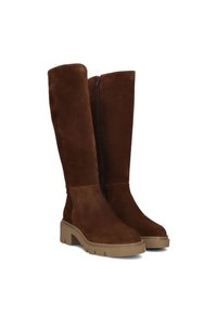Bruine suède laarzen tot de knie met een zijrits, blokhak en een gestructureerde zool. Gladde afwerking met een schone silhouette en minimale accenten.