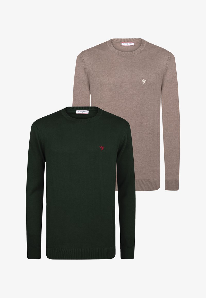 Twee truien met lange mouwen en ronde hals, één donker groen met een rood vogellogo, één lichtbruin met een beige vogellogo, beide met geribbelde manchetten en zoom.