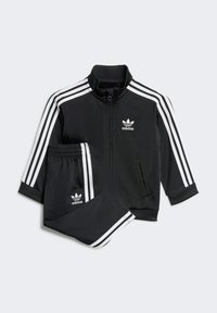 Black adidas tracksuit with white three-stripe accents. Features a zip-up jacket with a high collar and matching elastic waistband pants.