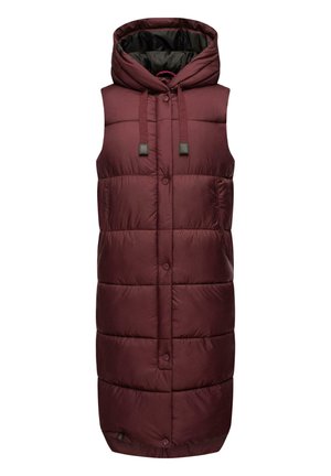 Bordeaux polstret vest med hætte, frontlukning med knapper, justerbare snore og sidelommer, med en glat overflade og kviltet design.