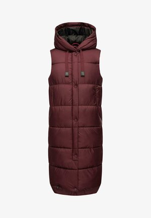 Burgundy padded vest with a hood, front button closure, adjustable drawstrings, and side pockets, featuring a smooth texture and quilted design.