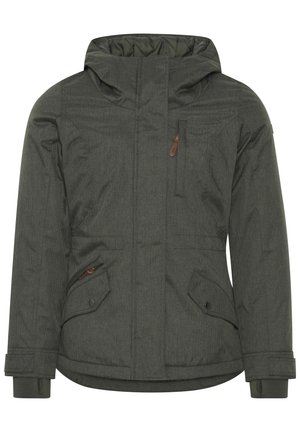 Olivgrüne isolierte Jacke mit hohem Kragen, Kapuze, durchgehendem Reißverschluss, zwei Seitentaschen und einer strukturierten Stoffoberfläche.