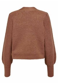 Pull marron tricoté avec de longues manches bouffantes et des poignets côtelés, présentant un col rond et un motif texturé sur toute la surface.