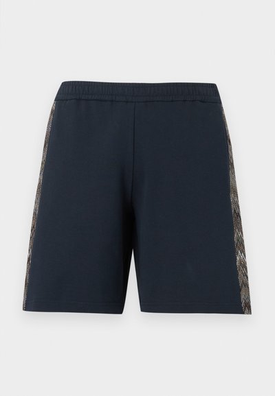 Shorts bleu foncé en tissu doux, avec une bande latérale texturée et à motifs, et une taille élastique pour plus de confort.