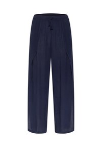 Marineblauwe, wijde broek gemaakt van lichtgewicht stof met een trekkoord in de taille en zijsplitten voor ventilatie. Zachte textuur.