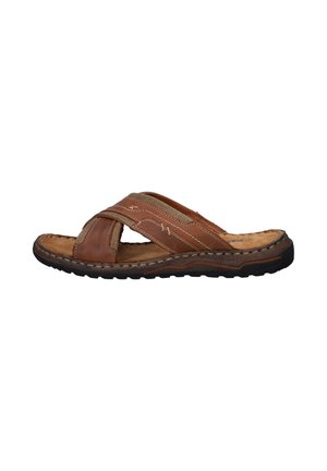Herren braune Leder-Slipper-Sandale mit überkreuzten Riemen und profilierter Gummisohle, seitlich auf weißem Hintergrund gesehen.