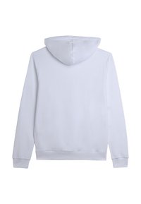 Sweatshirt à capuche blanc avec une texture lisse, une coupe décontractée, des manches longues et des poignets côtelés. Pas de logos ni de motifs visibles.