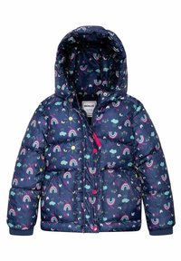 Chaquetón acolchado de color azul marino para niños, con capucha, decorado con un patrón de arcoíris, nubes, soles, pájaros, gatos y el texto "¡oh!".