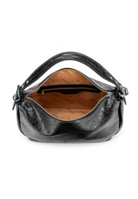 Černá kožená kabelka se zipovým uzávěrem a bronzovým podšíváním. Má zaoblené tělo a krátké ucho, s vnitřní kapsou na zip.