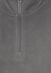 Grijze fleece pullover met een hoge kraag en een rits aan de voorkant. De stof is zacht en gestructureerd, met versterkte stiksels langs de naden.