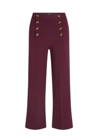 Pantaloni a gamba larga in tessuto bordeaux con vita alta, bottoni dorati sulla parte anteriore e due tasche laterali. Texture liscia su tutta la superficie.