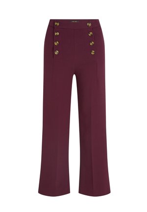 Wijdvallende broek in bordeaux stof met een hoge taille, gouden knopen aan de voorkant en twee zijzakken. Soepele textuur overal.