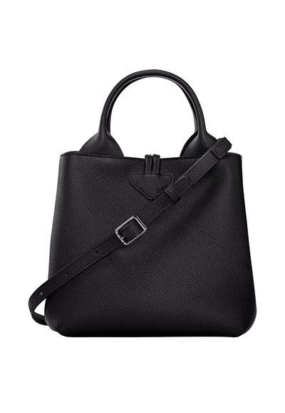 Schwarze Lederhandtasche mit strukturiertem Finish, abgerundeten Griffen und einem abnehmbaren Tragegurt mit silberner Schnallendetail.