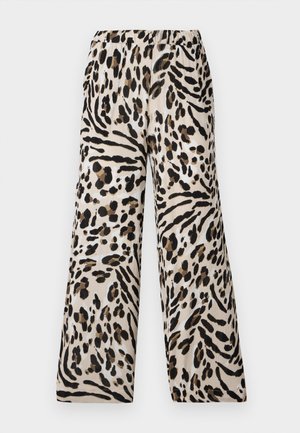 Pantaloni a gamba larga con stampa leopardata, dal taglio morbido e rilassato, realizzati in un tessuto leggero e soffice nei toni del beige, nero e marrone. Vita elastica.