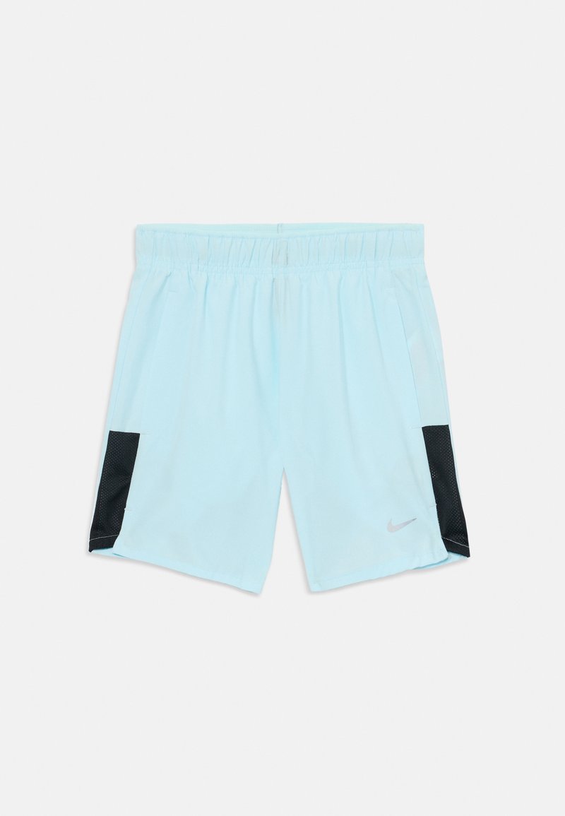 Calções de desporto azul claro com um accento de malha preta de lado, cintura elástica e um discreto logo da Nike em prata.