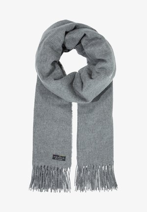 Écharpe en laine grise présentant une texture douce, des bords frangés et une étiquette logo, drapée en forme circulaire pour l'exposition.