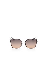 Black-framed sunglasses with a hexagonal shape, gradient lenses transitioning from dark to light brown, featuring metallic accents on the arms.