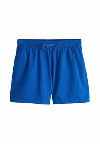 Shorts de bain pour homme bleus avec taille élastique et cordon de serrage, présentant un motif géométrique subtil et des poches latérales.