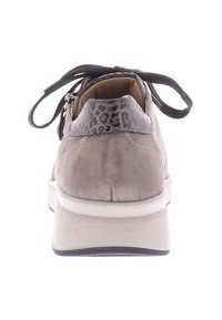 Gray suede sneaker with a leopard print accent at the heel, black laces, and a white textured sole. Features a rounded toe design.