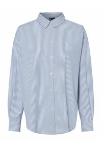 Camicia a maniche lunghe a righe blu e bianche con chiusura a bottoni, colletto, taschino sul petto sinistro e orlo leggermente arrotondato. Tessuto di consistenza liscia.