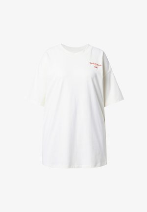 Weißes Baumwoll-T-Shirt mit lockerer Passform, kurzärmlich, mit rotem gesticktem Text auf der Vorderseite, der "Sonntags-Picknick-Club" liest.
