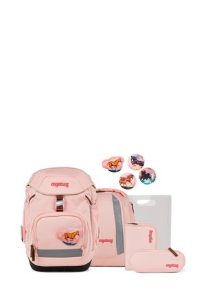 Light pink backpack with a horse motif, gray accents, and zippers. Includes pencil case, folder, and four decorative buttons featuring horses.