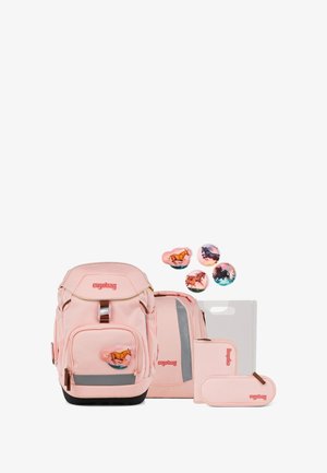 Light pink backpack with a horse motif, gray accents, and zippers. Includes pencil case, folder, and four decorative buttons featuring horses.