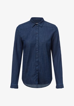 Denim button-up shirt in dark blue, long sleeves, standard collar, and ruffled cuffs, featuring a straight hem and smooth texture.