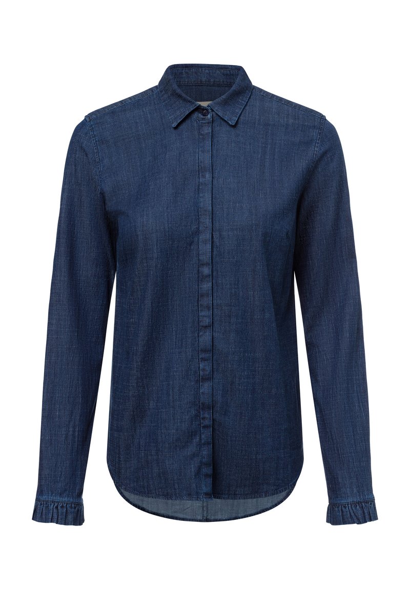 Dunkelblaue Jeanshemd mit langen Ärmeln, klassischem Kragen und rüschierten Manschetten, geradem Saum und glatter Textur.