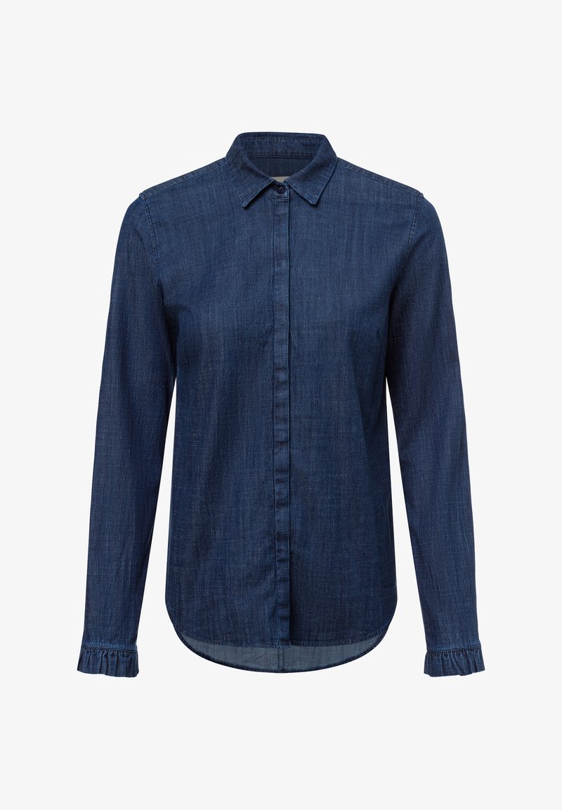 Dunkelblaue Jeanshemd mit langen Ärmeln, klassischem Kragen und rüschierten Manschetten, geradem Saum und glatter Textur.