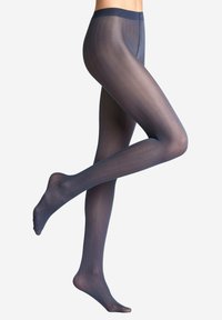 Nieprzezroczyste granatowe rajstopy z teksturowanym wzorem. Posiadają gładki pas i zakryte palce, idealne do codziennego noszenia.