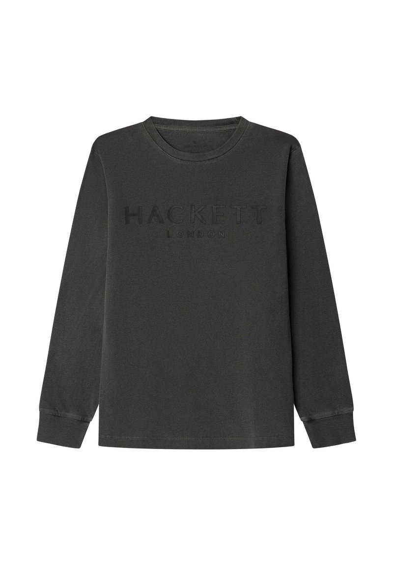 Mörkgrå långärmad t-shirt med rund hals och "Hackett London" präglat i matchande mörka bokstäver över bröstet.