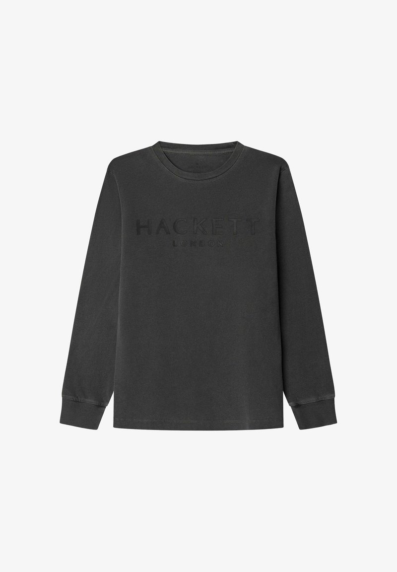 Mörkgrå långärmad t-shirt med rund hals och "Hackett London" präglat i matchande mörka bokstäver över bröstet.