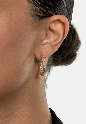 Gold hoop earring with a twisted design, featuring a smooth surface and a polished finish, worn on the lobe of an ear.