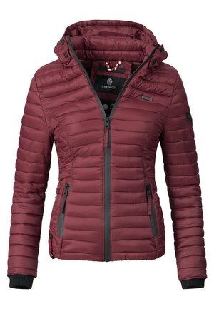 Burgundy puffer jacket with a zip closure, ribbed cuffs, and a hood. Features horizontal quilted design and side pockets with dark accents.