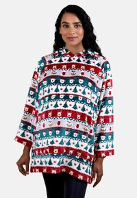 Fleece pullover met capuchon, voorzien van afwisselende rode, teal en witte strepen, versierd met feestelijke patronen van de kerstman, bomen en sneeuwvlokken.