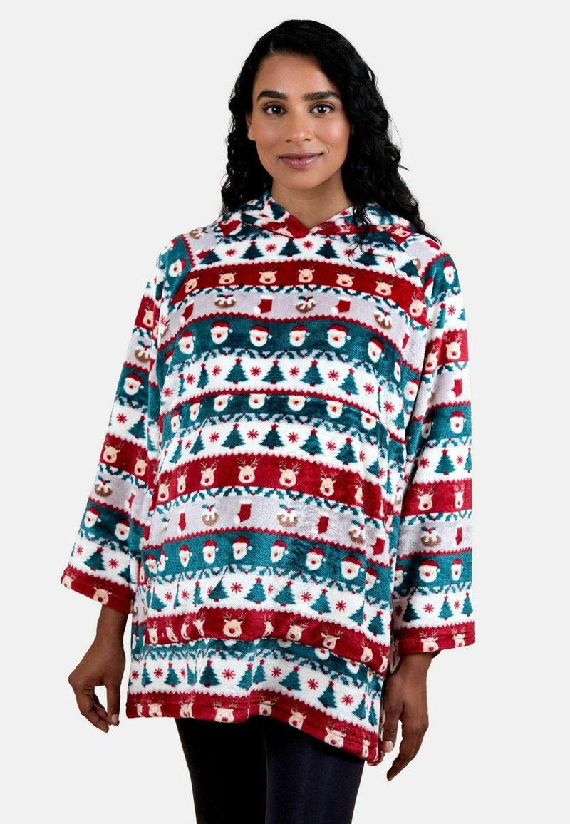 Fleece pullover met capuchon, voorzien van afwisselende rode, teal en witte strepen, versierd met feestelijke patronen van de kerstman, bomen en sneeuwvlokken.
