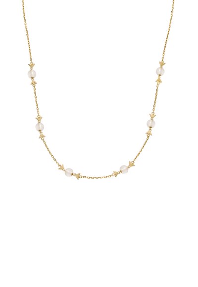 Gold chain necklace featuring alternating white beads and decorative metal accents, creating a delicate and patterned design.